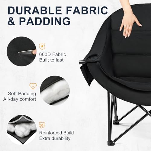 Oversized Camping Chairs for Adult - Heavy Duty Padded Portable Folding Chair XL Collapsible Camp Chair with Cup Holder Side Pocket for Outdoor Lawn Beach Sport Fishing Support 500LBS, Grey