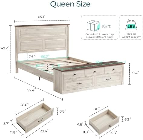 LINSY Storage Bed Frame Queen Bedframe with Drawers, Farmhouse Bed Frame Queen-Size with Headboard and Footboard Bench