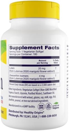 Healthy Origins Lutein Lutemax 2020 20 mg & Zeaxanthin, 180 Gels