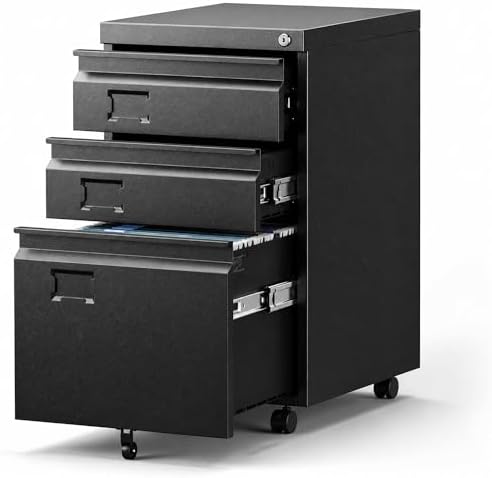 3 Drawer Metal File Cabinet with Lock and Wheels, Black | 17.32"D x 14.57"W x 23.82"H under-desk cabinet, fits Letter, Legal and A4 files, 5 casters