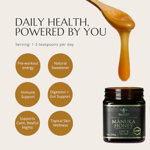 BeeNZ Raw Mānuka Honey, Certified UMF 5+ (MGO 83+), Pure New Zealand Monofloral Mānuka, Natural Sweetener, Superfood for Daily Wellness Support, No Sugar Added, Traceable from Hive to Jar, 17.6 oz/500g