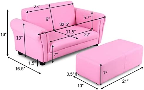 Costzon Kids Couch with Footstool, 2 in 1 Double Seat Children's Sofa w/PU Leather Surface, Armrest Chair Lounge, Soft Kids Sofa for Preschool Bedroom Kids Room Toddlers Boys Girls Birthday (Black)