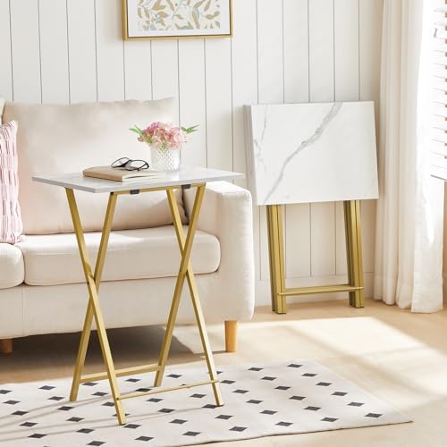 HOOBRO Folding TV Tray Tables, Set of 4 TV Trays with Storage Rack, Industrial Side Table for Eating at Couch, Foldable Snack Table for Small Space