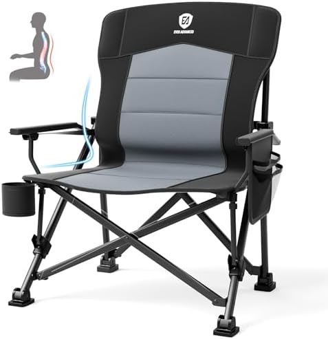 EVER ADVANCED Oversized Folding Camping Chair for Adults with Adjustable Lumbar Support, Heavy Duty Chair with Side Pockets, Portable Collapsible Quad Chair for Outside