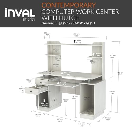 Inval America Computer Work Center with Hutch, Pull-Out Keyboard Tray, Drawers, Desk Workstation, 53.5"H x 48.62"W x 19.5"D, Washed Oak