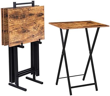 HOOBRO Folding TV Tray Tables, Set of 4 TV Trays with Storage Rack, Industrial Side Table for Eating at Couch, Foldable Snack Table for Small Space