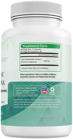 Quinine Cinchona Bark Extract 1000 mg – Herbal Supplement for Muscle & Leg Cramp Relief, Digestive Support & Immune Health – 120 Capsules, Non-GMO