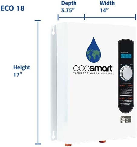 EcoSmart ECO 18 Electric Tankless Water Heater, 18 KW at 240 Volts with Patented Self Modulating Technology , 17 x 14 x 3.5, White