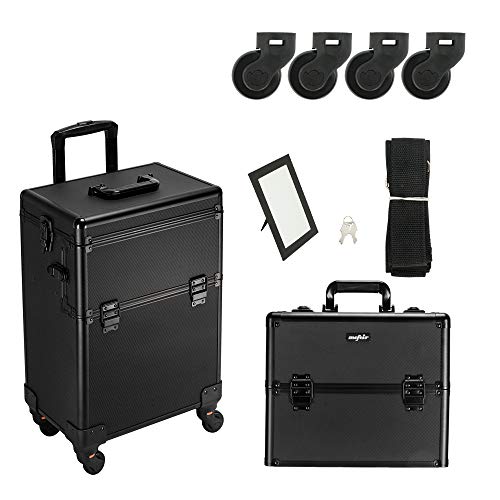 mefeir 2 in 1 Rolling Makeup Train Case Professional Cosmetic trolley on Wheels Aluminum Nail Cart Cosmetic Suitcase for professional makeup artist, Luggage Lockable w/4 Removable Wheels (Black)