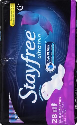 Stayfree Ultra Thin Overnight Pads Wings, Period and Leaks, 28 ct