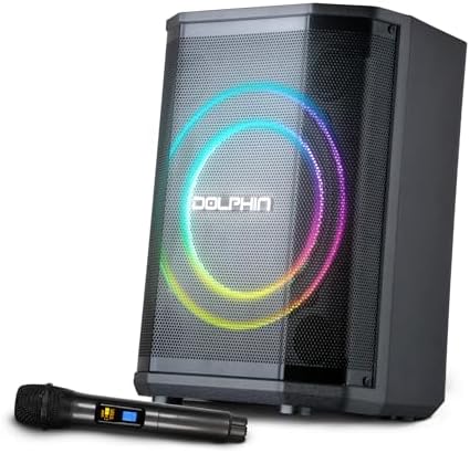 Dolphin Bluetooth Party Speaker with Wireless Microphone, 8" Woofer | 40W RMS, 3D LED Ring Light, RGB Lights, TWS Pairing, USB/AUX