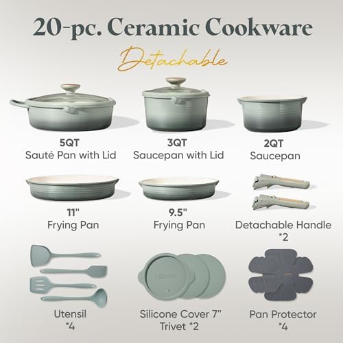 CAROTE 20pcs Titanium Cookware Set, Pots and Pans Set Detachable Handle | Non-Stick, Non-Toxic, PFAS and PFOA Free, Induction Compatible