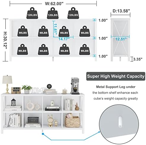 FATORRI 8 Cube Storage Organizer Bookshelf, 62 Inch Wood Horizontal Bookcase, Farmhouse Cube Long Book Shelf