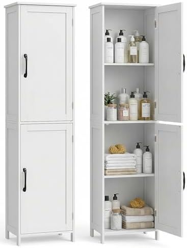 Tall Bathroom Storage Cabinet, Freestanding Bathroom Cabinet with 2 Doors & Adjustable Shelves, Floor Cabinet for Living Room, Kitchen, White