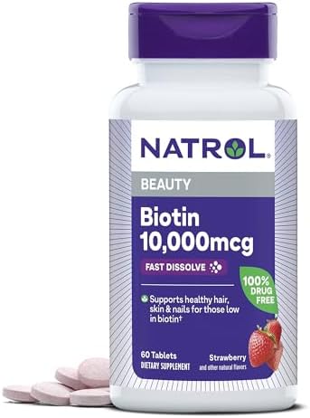 Natrol Biotin 10000mcg, 4X Faster Dissolve Supplement for Healthy Hair, Skin and Nails for Those Low in Biotin, Plus Energy Metabolism Support, 60 Tablets, Up to a 60 Day Supply