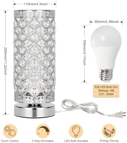 Crystal Table Lamp, 3 Way Touch Control Dimmable Bedside Nightstand Lamp | Silver Crystal Desk Lamp