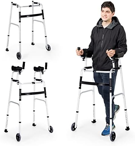 Goplus Walkers for Seniors, Foldable Standard Walker with 5’’ Wheels and Removable Padded Armrests 220lbs, Lightweight Walking Mobility Aid