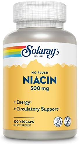 SOLARAY No Flush Niacin 500mg, Flush-Free Vitamin B3 Niacin, Energy and Circulatory System Support, Vegan, Lab Verified, 100 Servings, 100 VegCaps