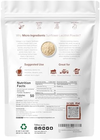 Organic Sunflower Lecithin Powder, 1 Pound, Sustainable Farmed, Cold Pressed, Rich in Phosphatidyl Choline and Protein, Making Liposomal Vitamin C