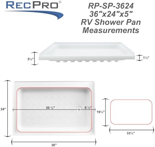 RecPro RV Shower Pan | 36" x 24" x 5" Right Drain in White | RV Shower Base | Camper Shower Pan