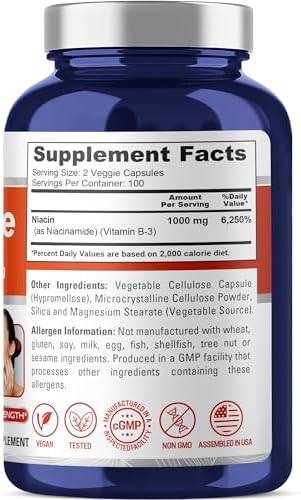 Niacinamide Vitamin B-3, Flush Free, Vegan, 1000mg, 200 Caps - 100 Servings | Dietary Supplement Formula, Flush-Free Niacinamide, Non-GMO