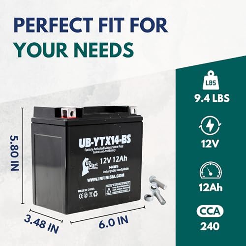 YTX14-BS 12V 12Ah Replacement for Honda Rancher 420 Battery | 2007-2022 Replacement Universal Sealed Lead Acid Battery TRX420 Fourtrax 4x4 2x4 420CC