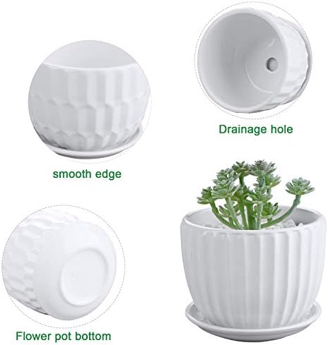 Flower Pots, 4 Inch Cylinder Ceramic Plant Pots with Connected Saucer, Mini Ceramic Planters for Succulent and Little Snake Plants (6 Pack, White)