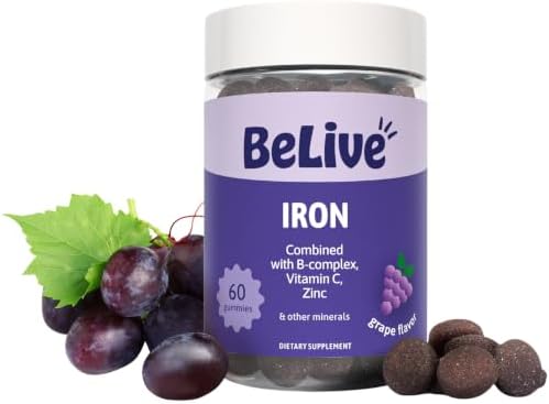 Belive Iron Gummies, Multivitamin Supplement, Blood Oxygen Support, 60 Ct | With Vitamin C, B Complex, Folate, and Zinc for Women, Men & Kids for Growth and Development, Grape Flavor