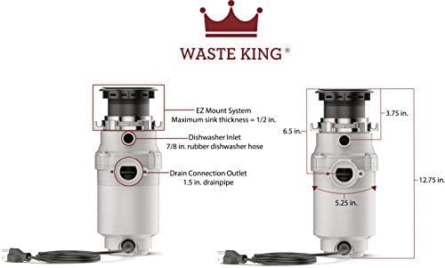 Waste King L-1001 Garbage Disposal with Power Cord, 1/2 HP & 1025 EZ Mount Garbage Disposal Stopper and Splash Guard, Black