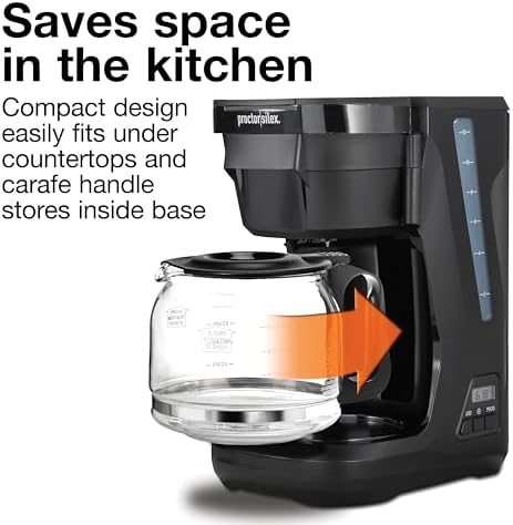 Proctor Silex Digital & Programmable FrontFill 12 Cup Drip Coffee Maker | Glass Carafe | Compact | Auto Shutoff | Black & Silver | 43685PS
