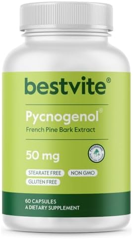 BESTVITE Pycnogenol 100mg (60 Caps) - French Maritime Pine Bark Extract | No Stearates - Gluten Free - Non GMO - Scientifically Studied - Healthy Aging Supplement* - Easy to Swallow Caps