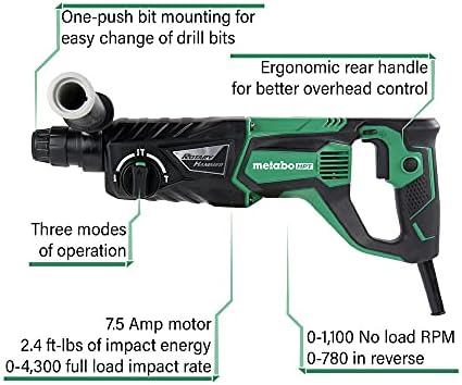 Metabo HPT Rotary Hammer | SDS Plus | 1-Inch, 7.5-Amp | For Drilling | Chipping and Hammer Drilling (DH26PF)