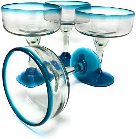 Mexican Hand Blown Glass – Set of 4 Hand Blown Margarita Glasses (16 oz) with Aqua Blue Rims
