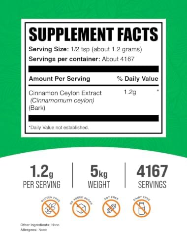 BulkSupplements.com Ceylon Cinnamon Extract Powder - Cinnamon Extract, Cinnamon Ceylon - Cinnamon Supplement, Pack of 1 - Gluten Free & Soy Free, 1000mg per Serving, 5kg (11 lbs)