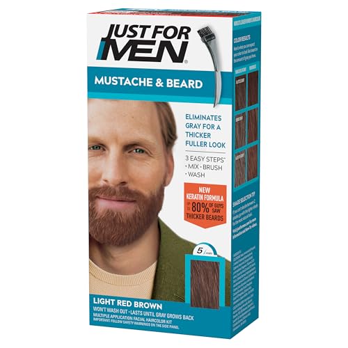 JUST FOR MEN Mustache & Beard Dye, Keratin, Light Brown M-25 (1 Pack) | Mustache & Beard color light brown designed for facial hair to instantly eliminate gray. Enhanced with keratin & biotin.
