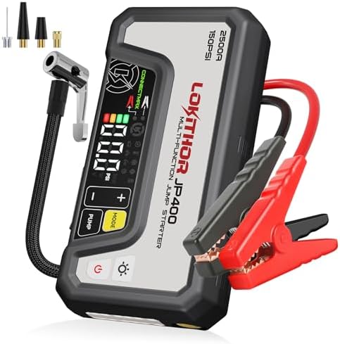 LOKITHOR JP400 Jump Starter with Air Compressor for 8.5L Gas/6.5L Diesel | 2500A 12V Portable Jumper Starter for Car, 150PSI Tire Inflator, 300 Lumen LED Light, Power Bank, ConnectMax, Jumper Cables