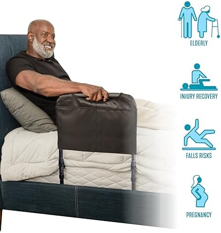 Able Life Bedside Safety Handle, Padded Stand Assist Railing for Seniors, Height Adjustable Bed Rail with Pouch for Elderly Adults, Fits King, Queen