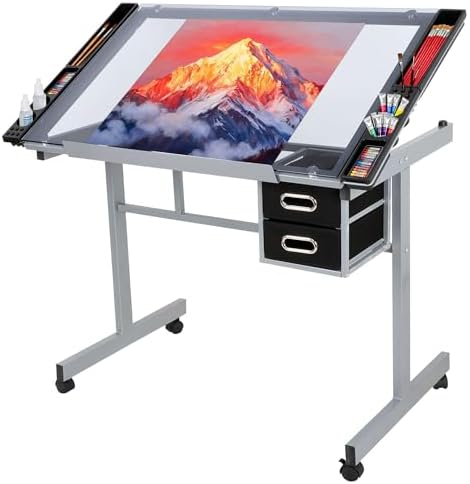 JupiterForce Adjustable Drafting Table Art Desk Drawing Table Versatile Art Craft Work Station Glass Tabletop w/2 Slide Drawers and Wheels for Reading
