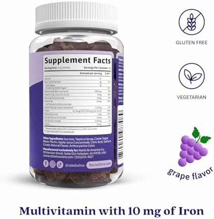 Belive Iron Gummies, Multivitamin Supplement, Blood Oxygen Support, 60 Ct | With Vitamin C, B Complex, Folate, and Zinc for Women, Men & Kids for Growth and Development, Grape Flavor