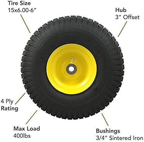 Marastar 15x6.00-6 Pneumatic, OEM Like Replacement Front Tire and Wheel Assembly, Compatible with John Deere Mowers, Turf Saver, 4PR Tube-Type Tire