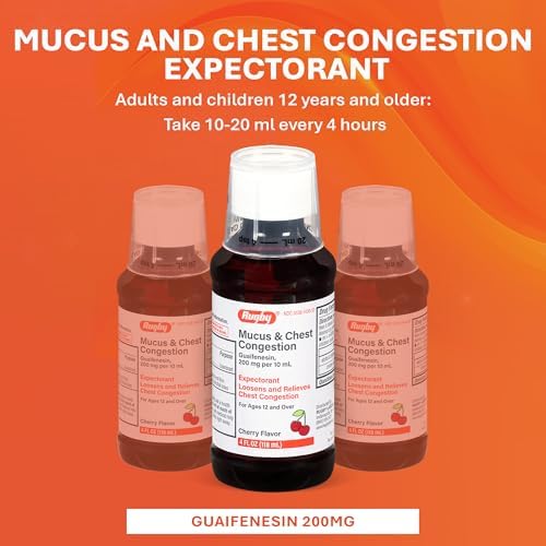 Rugby Mucus & Chest Congestion Guaifenesin 200 mg, 4 Fl Oz (1-Pack) | Cherry Flavor, Expectorant Cough Syrup, Loosens and Relieves Chest Congestion