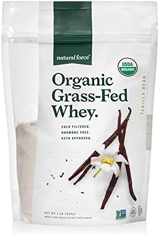 Natural Force Grass Fed Organic Whey Protein Powder – Non GMO Verified, Humane Certified & Lab Tested for Toxins – Real Vanilla Flavor – Keto Friendly, Low Carb, and Kosher - 16 Ounce A2 Protein