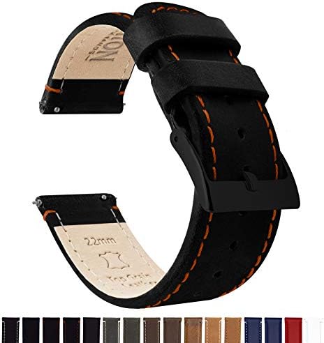 BARTON Quick Release Leather Black Buckle Watch Band Strap - Choose Color - 16mm, 18mm, 20mm, 22mm or 24mm - Black/Orange Stitching 22mm