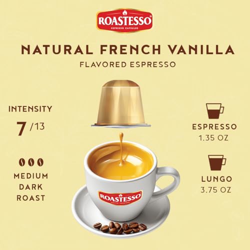 Roastesso, Aluminum Espresso Capsules, Flavors Variety Pack, Natural Flavored Coffee Pods with French Vanilla, Caramel, Chocolate & Hazelnut