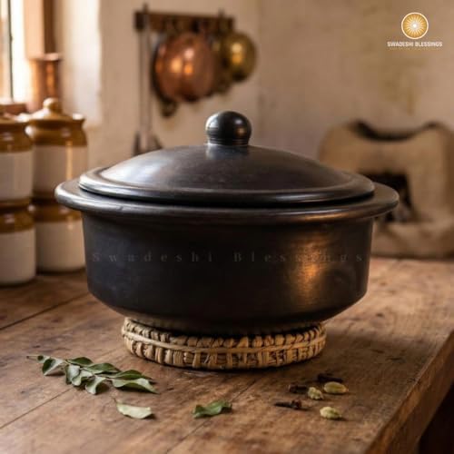 Swadeshi Blessings HandMade Unglazed Clay Pot for Cooking with Lid,2.5L,Red