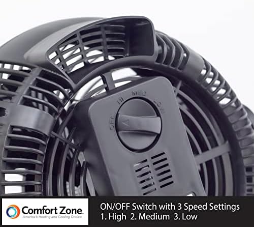 Comfort Zone Table Fan, 8 inch, 3 Speed, Personal Fan, Electric, Wall Mountable, 180 Degree Adjustable Tilt, Tabletop Fan, Desk Fan