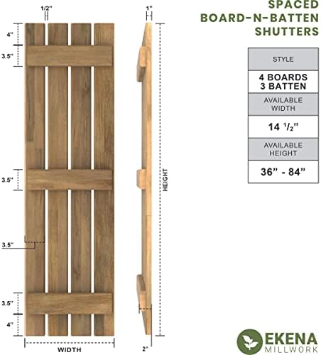 15 1/2"W x 72"H Americraft Four Board (3 Batten) Exterior Real Wood Spaced Board-n-Batten Shutters (Per Pair), Unfinished