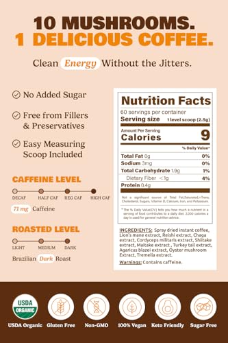 ShroomDNA Mushroom Coffee Blend with Chaga & Lion's Mane | Instant Focus + Clarity All Day | Organic + Vegan + Gluten Free | No Added Sugar | 20 Count
