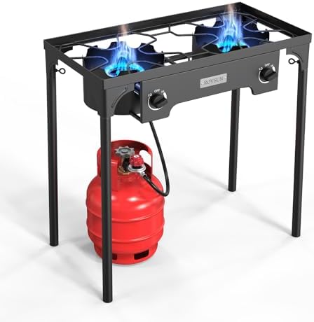 ROVSUN 2 Burner Outdoor Propane Gas Stove with Adjustable Regulator, 150,000 BTU High Pressure Stand Cooker for Backyard Cooking Camping Home Brewing Canning Turkey Frying