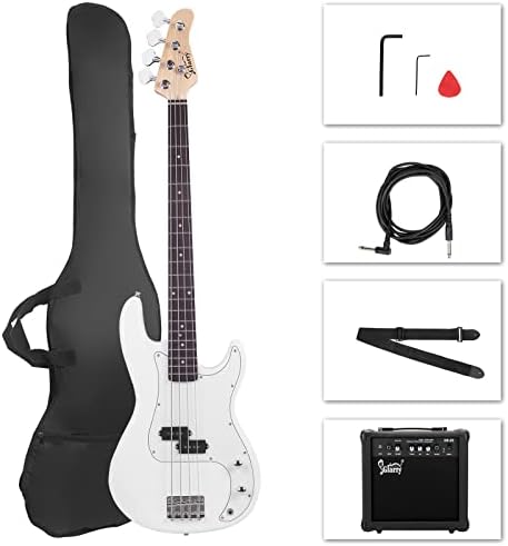 GLARRY Full Size Electric Bass Guitar Beginner Kit 4 String Exquisite Basswood Bass with 20W AMP, Cable, Strap, Bag and Accessories (Transparent Blue, 39"Right Handed)